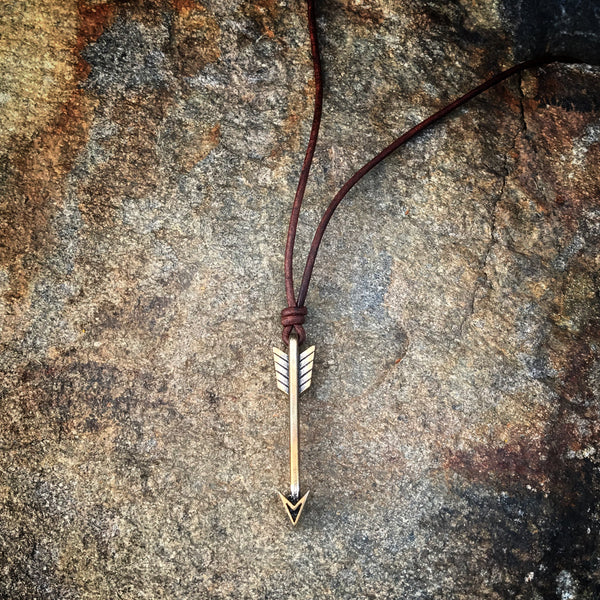 STRENGTH ARROW OF COURAGE NECKLACE - BRONZE ON LEATHER CORD